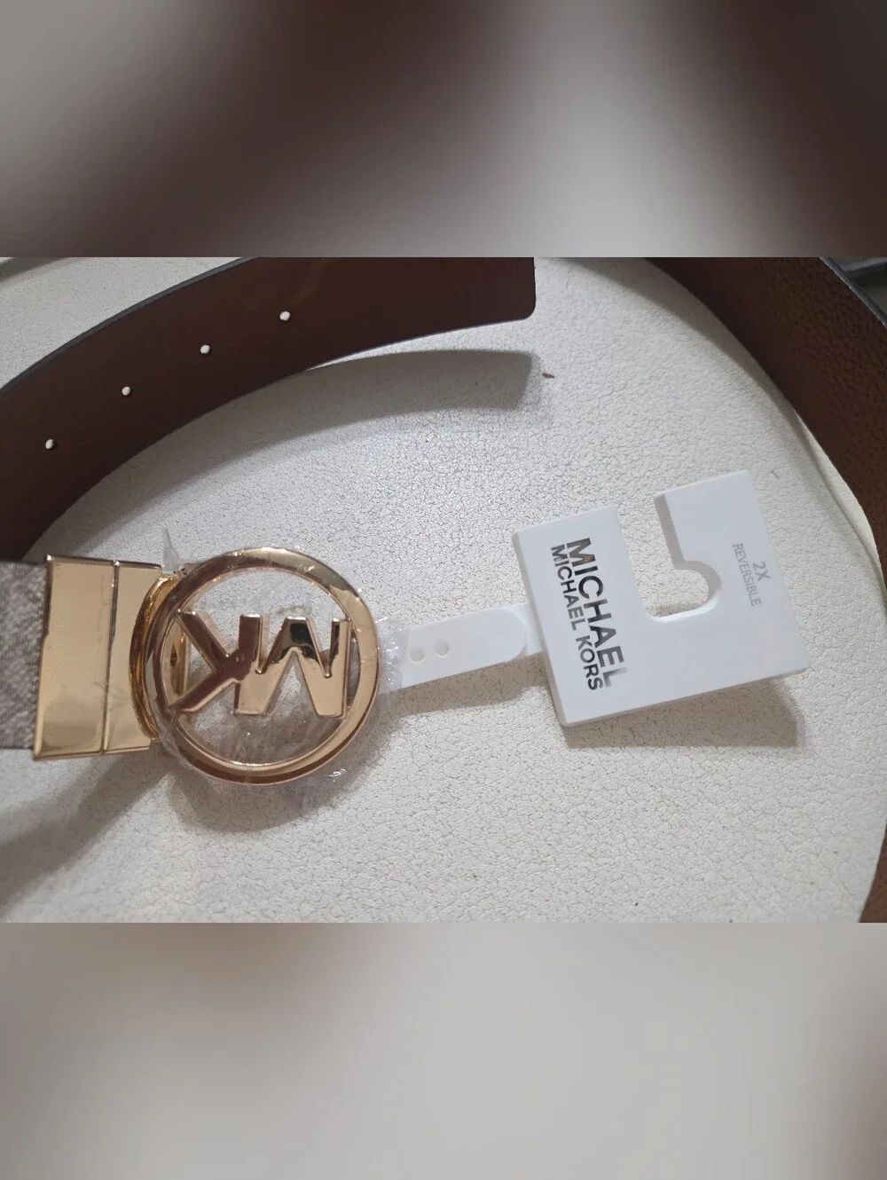 Michael Kors Beige Monogram Reversible Belt with Gold MK Buckle